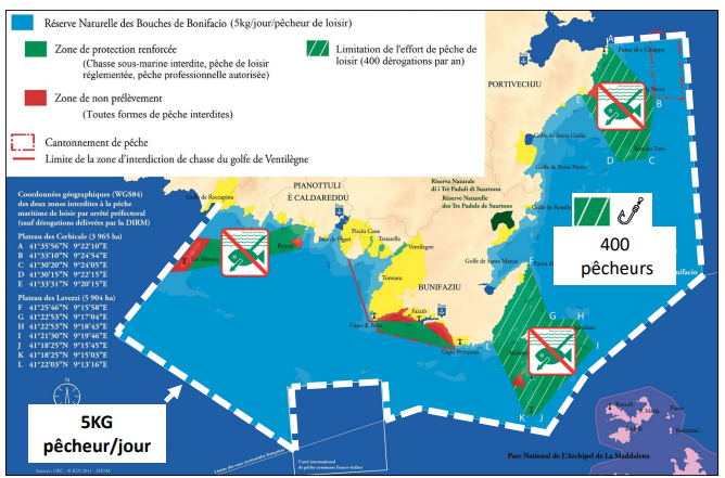 Carte des zones de pêche réglementées dans les Bouches de Bonifacio en Corse